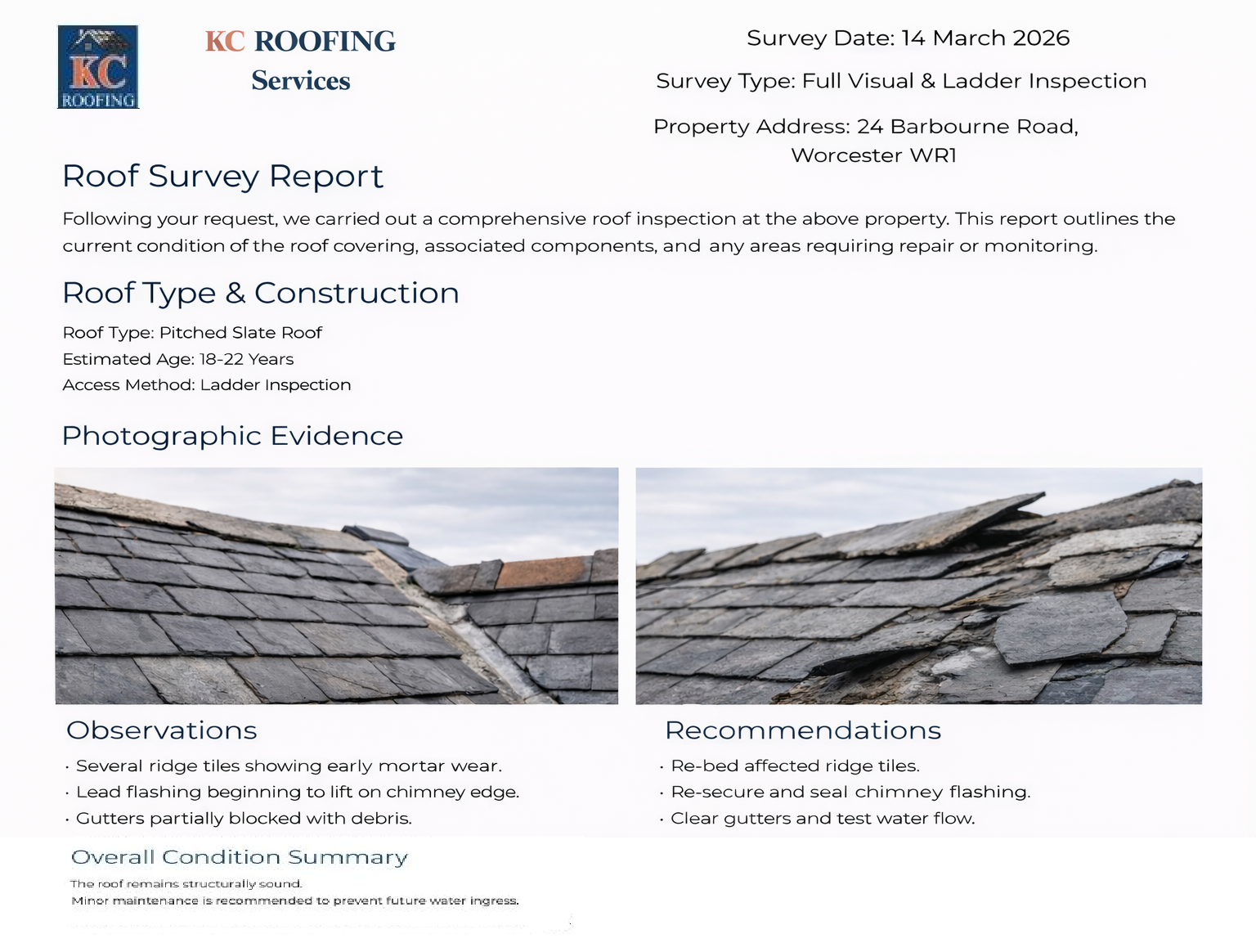 Roof survey report document with photographic evidence and inspection findings