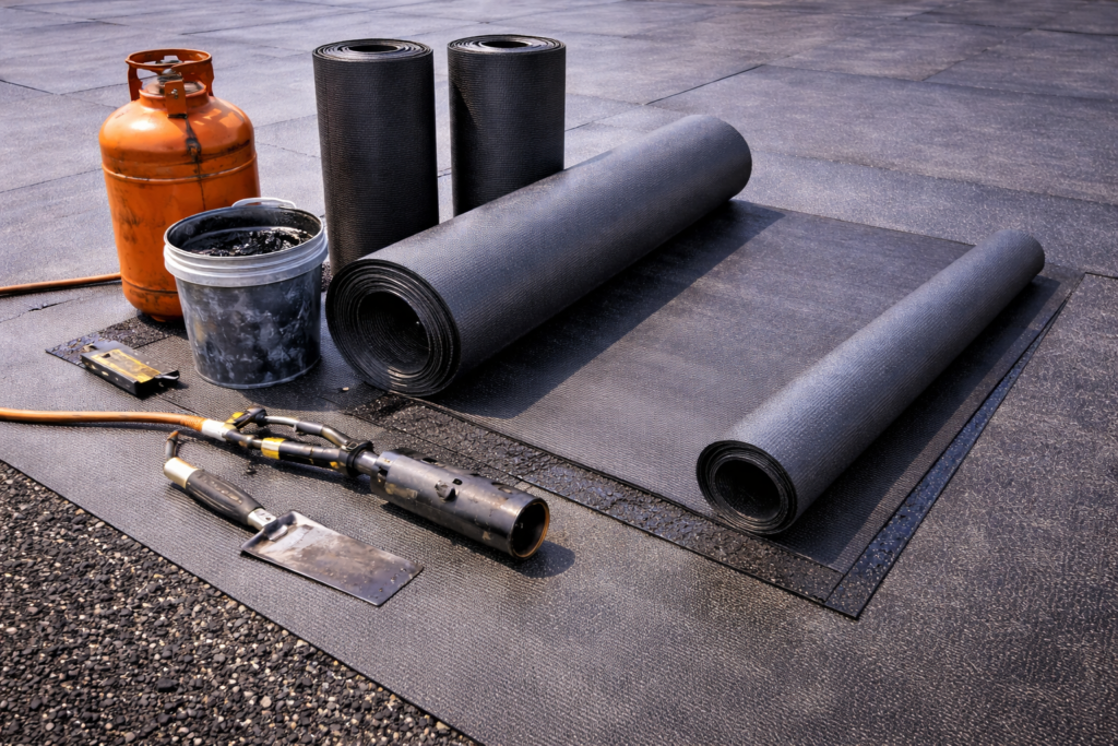 Flat roof materials including EPDM rubber membrane and felt roofing