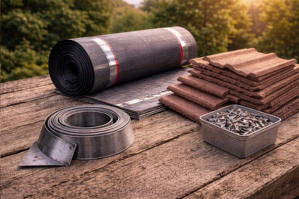 Roof repair materials prepared for a roofing project in Worcester,