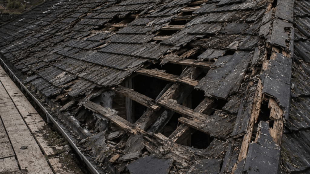 Missing and broken roof tiles on damaged roof.