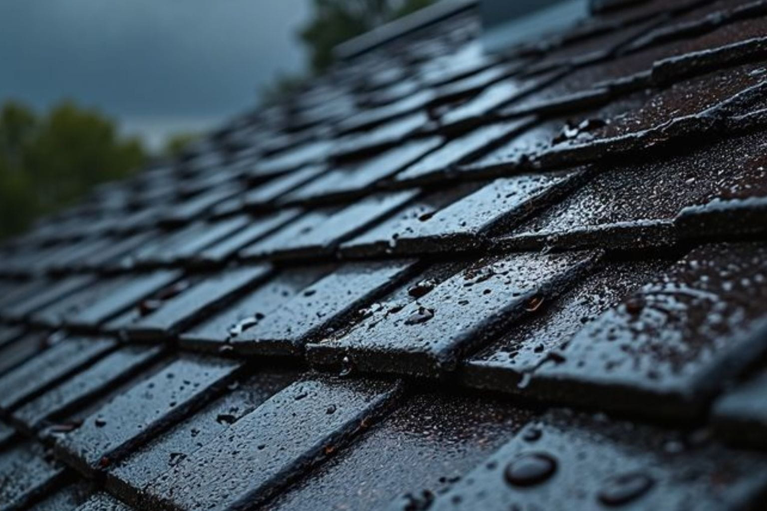 Wet slate roof with chimney showing common areas where roof leaks can develop on a UK home.